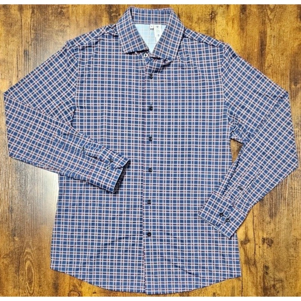 State And  Liberty Men's Blue & Red Plaid Size Medium Button Up Athletic Fit